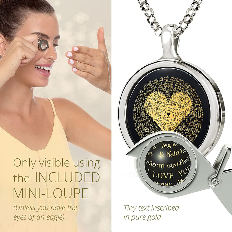 I Love You Necklace Inscribed with the Romantic Words in 120 Different Languages in Miniature Text of Pure Gold on Onyx Pendant for Women, 18" Rolo Chain