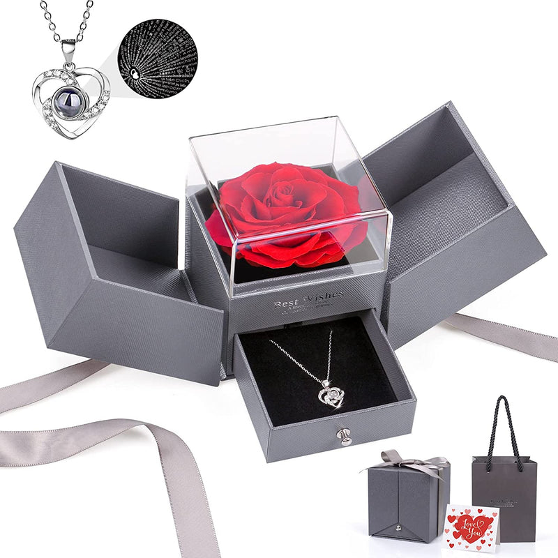 Preserved Rose Gifts for Mom Women on Christmas,Eternal Rose with I Love You Necklace 100 Languages Gifts Set for Her Girlfriend on Birthday Anniversary