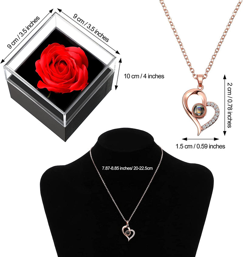 I Love You Necklace 100 Languages Projection Heart Pendant Necklace Crystal Loving Memory Collarbone Necklace with Red Rose Jewelry Storage Box for Women Girls Valentine'S Day Gift