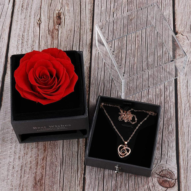 Preserved Real Rose with Heart Necklace I Love You in 100 Languages Gift Set, Handmade Eternal Real Rose for Valentine'S Day Wedding Anniversary Birthday Gifts for Her Women