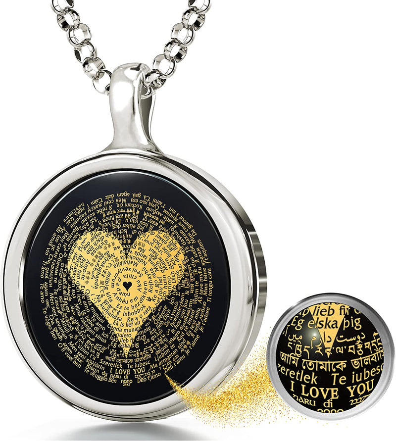 I Love You Necklace Inscribed with the Romantic Words in 120 Different Languages in Miniature Text of Pure Gold on Onyx Pendant for Women, 18" Rolo Chain