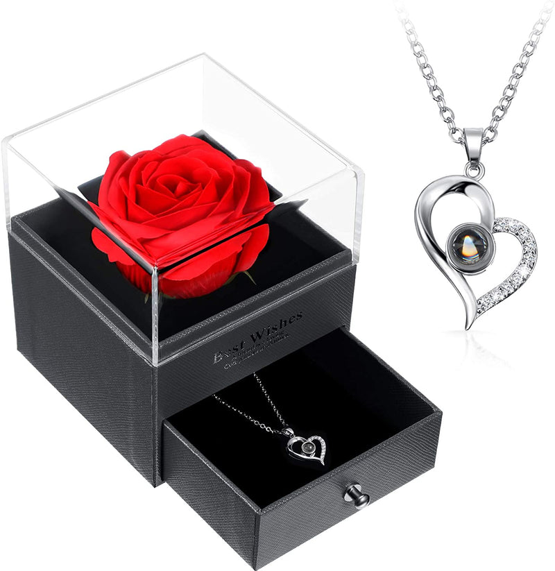 I Love You Necklace 100 Languages Projection Heart Pendant Necklace Crystal Loving Memory Collarbone Necklace with Red Rose Jewelry Storage Box for Women Girls Valentine'S Day Gift