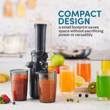 EJX600 Compact Small Space-Saving Masticating Slow Juicer, Cold Press Juice Extractor, Nutrient and Vitamin Dense, Easy to Clean, 16 Oz Juice Cup, Charcoal Grey