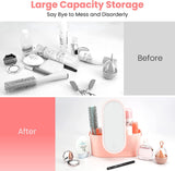 Travel Makeup Organizer Box with Mirror,Portable Cosmetic Case with 3 Colors Dimmable LED Lighting Pink Multi-Purpose Makeup Storage Train Box Mirror