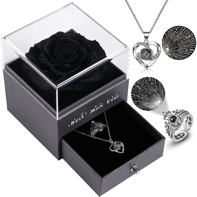 Preserved Real Rose Gift Box Enchanted Real Rose with I Love You Necklace 100 Languages Gift , Eternal Rose Flower Handmade Preserved Rose Gift for Her (S-Silver C:Red)