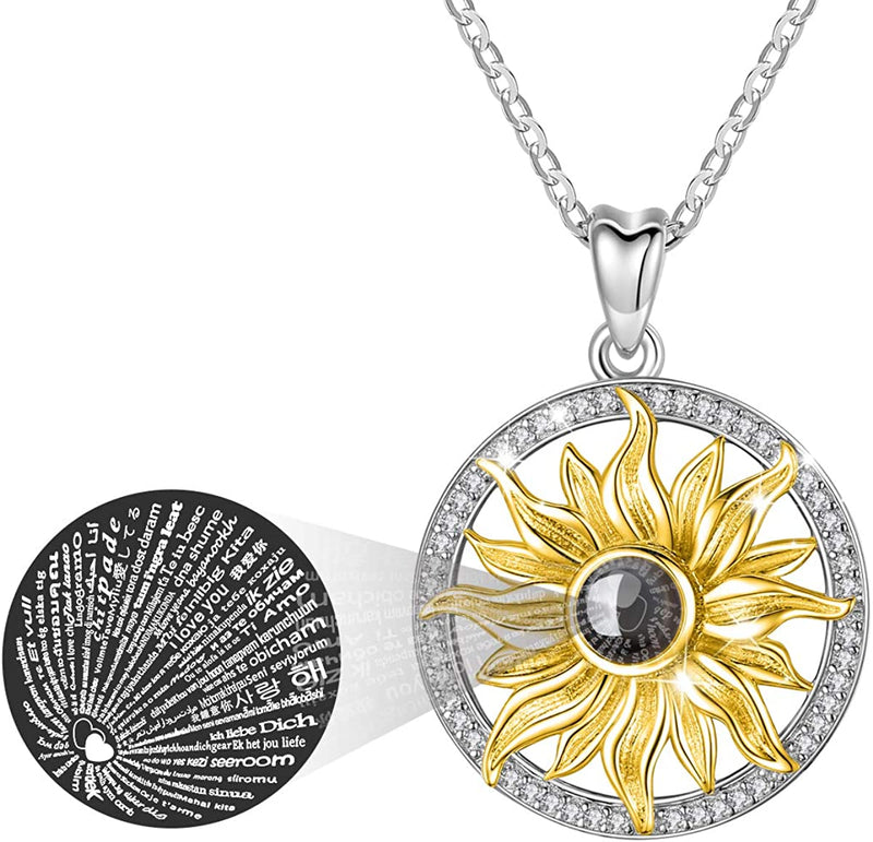 Sterling Silver I Love You Necklaces 100 Languages for Women Girls, Sun Sunflower Projection Jewelry You Are My Sunshine Gifts for Her, 18 Inch Chain