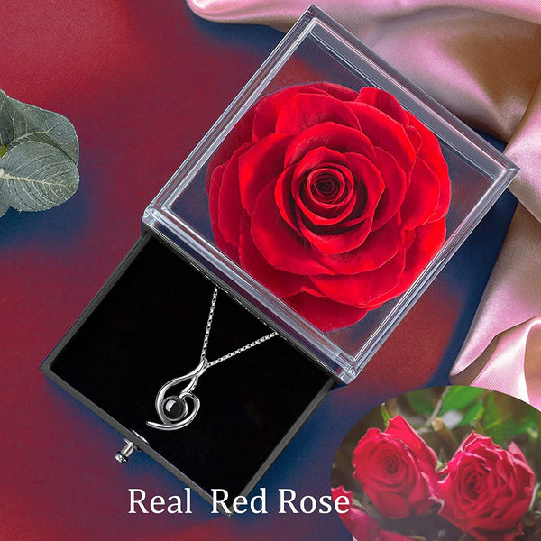 Red Rose Box with 925 Sterling Silver Necklace,Forever Real Rose Jewelry Box with I Love You Necklace 100 Languages,Preserved Flower Protection Pendant, Enchanted Rose for Her.