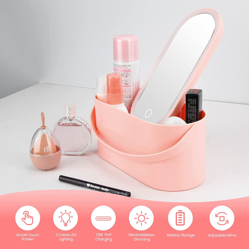 Travel Makeup Organizer Box with Mirror,Portable Cosmetic Case with 3 Colors Dimmable LED Lighting Pink Multi-Purpose Makeup Storage Train Box Mirror