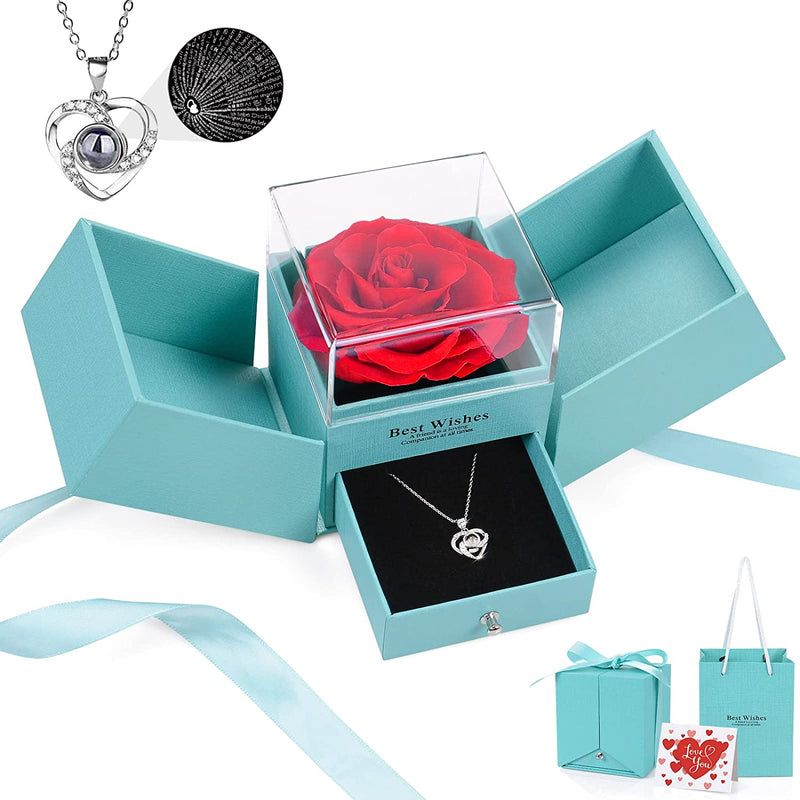 Preserved Rose Gifts for Mom Women on Christmas,Eternal Rose with I Love You Necklace 100 Languages Gifts Set for Her Girlfriend on Birthday Anniversary